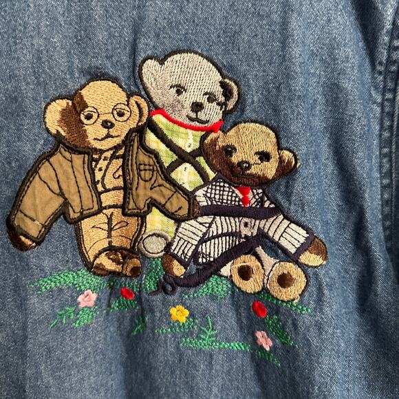 Cami Rose Denim‎ Shirt Teddy Bear Embroidered Button Up Short Sleeve Top - Picture 3 of 8